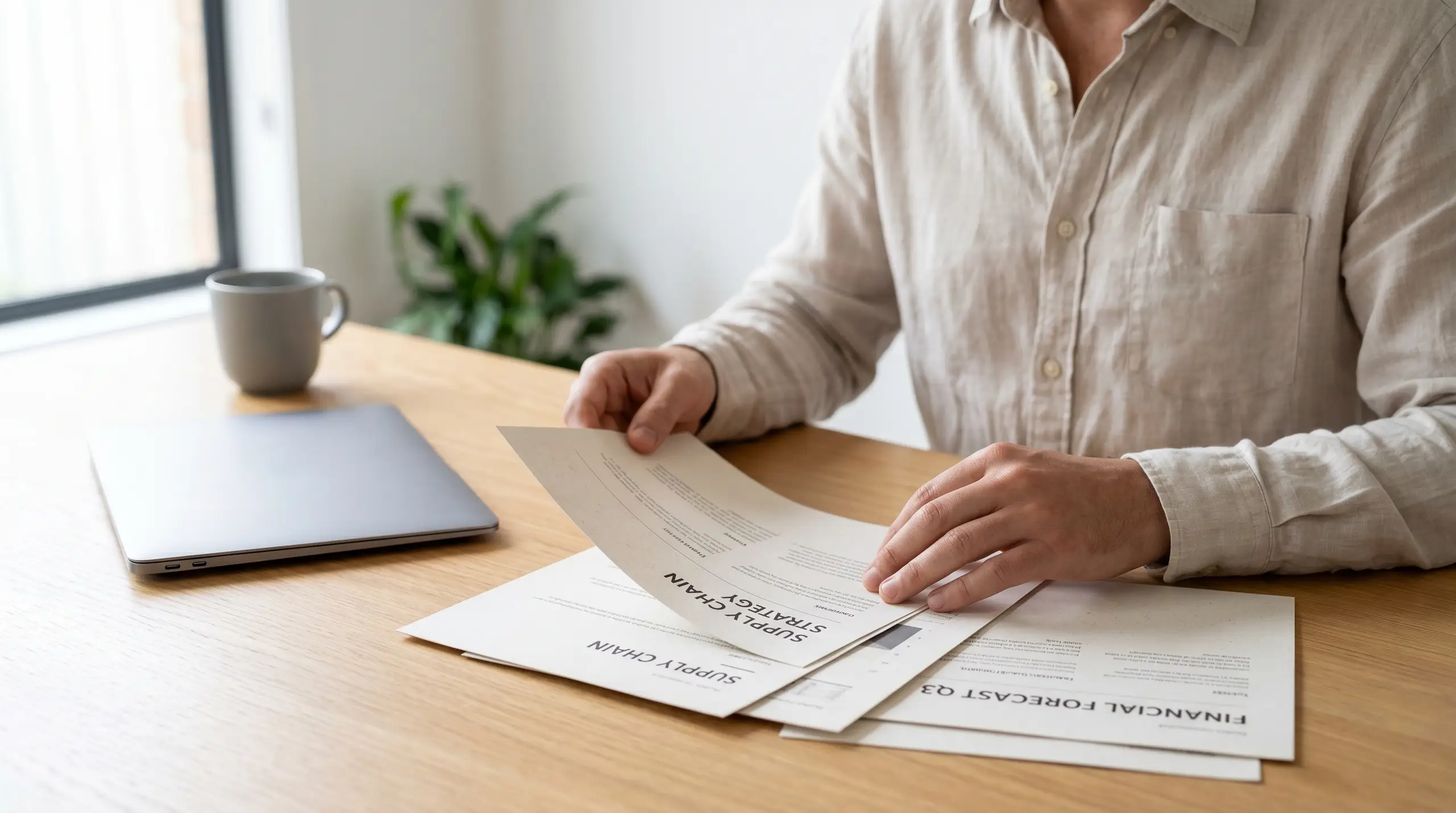 A person in a light shirt sits at a wooden table, holding and reviewing printed pages labeled like a financial report. A laptop and a white coffee mug rest nearby in a bright office setting.
