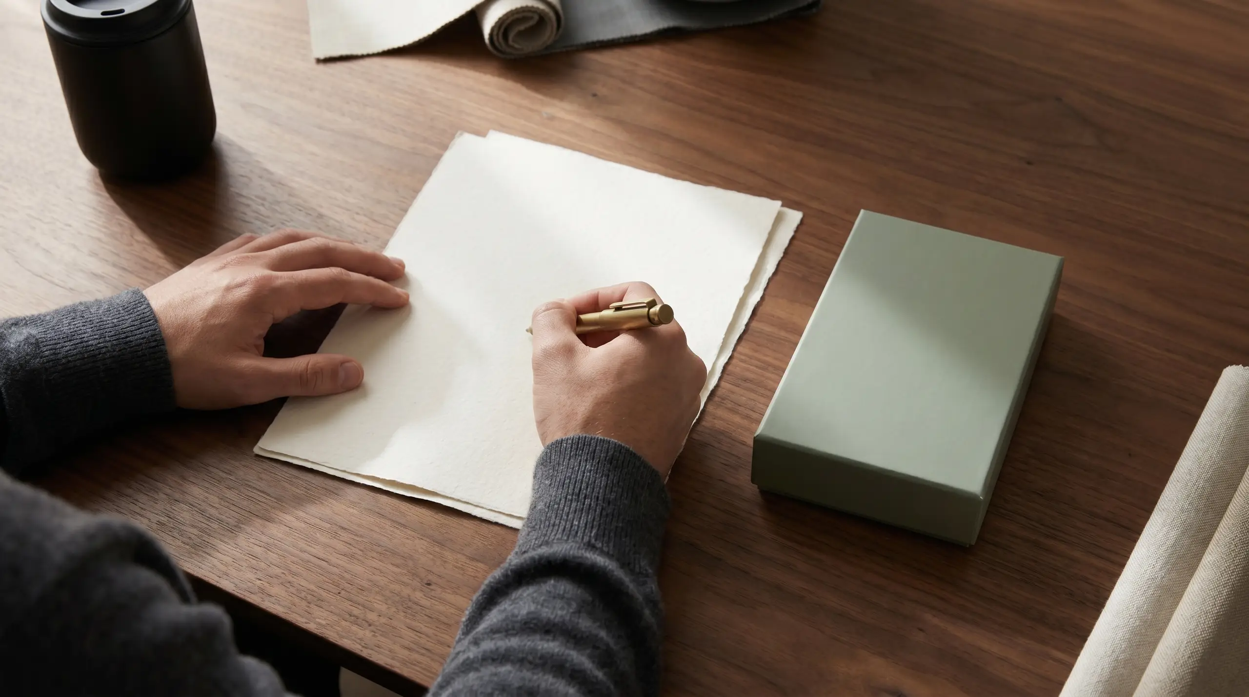 A pair of hands in a gray sweater writes or prepares a card on a wooden table, holding a small gold pen. Nearby are a closed green gift box and a dark insulated bottle, with rolled paper visible in the background.