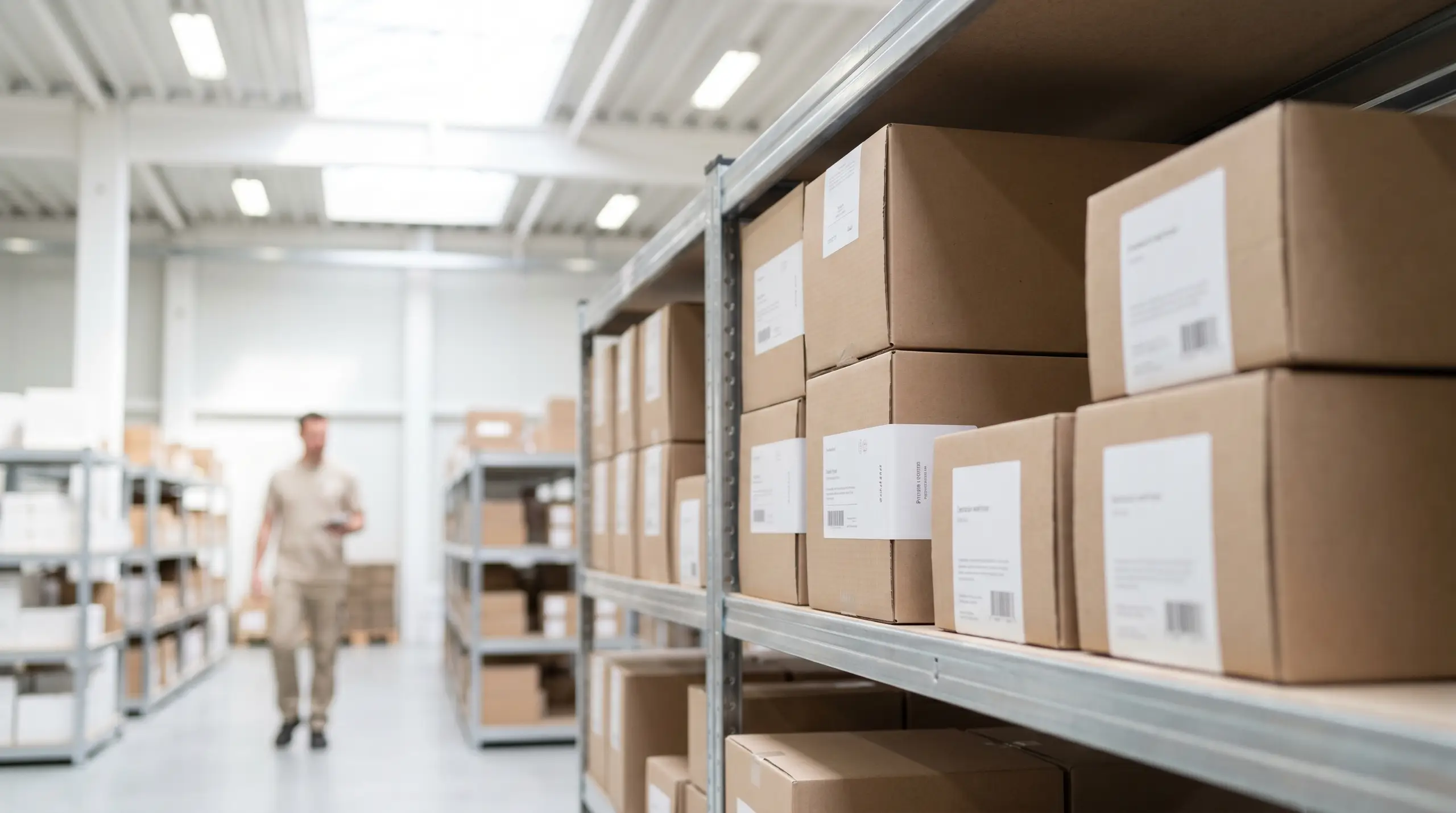 In a bright warehouse aisle, cardboard shipping boxes with labels sit on metal shelving units to the right, while a worker in a light shirt walks in the blurred background.