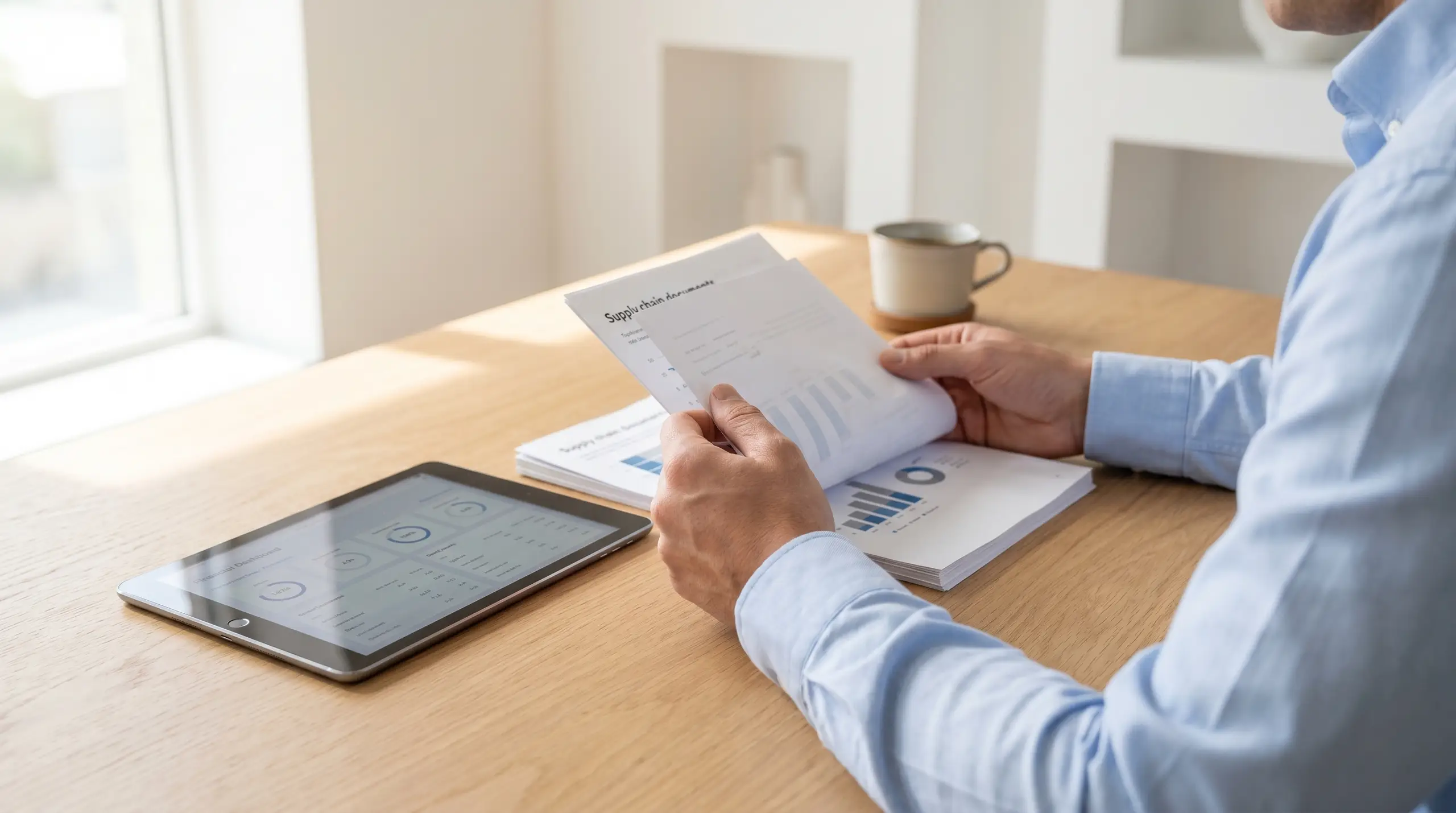 A person in a light blue shirt holds an open report folder labeled "Supply chain inform..." while reviewing charts and tables. On the wooden table are additional printed materials and a tablet displaying business graphs, with a white mug in the softly.