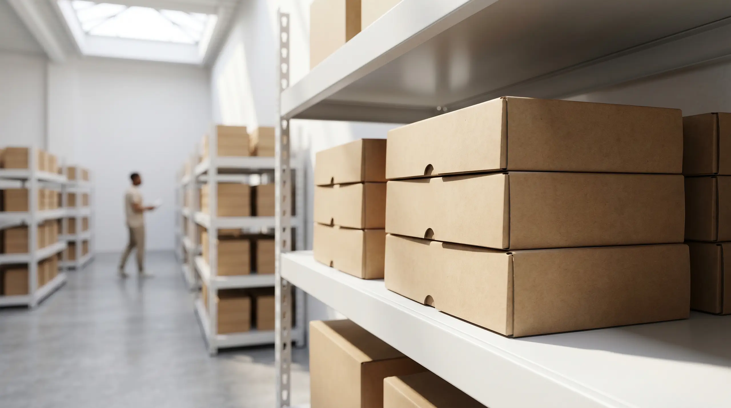 Cardboard shipping boxes stacked in rows on metal shelving inside a warehouse aisle, with a person blurred in the distance.