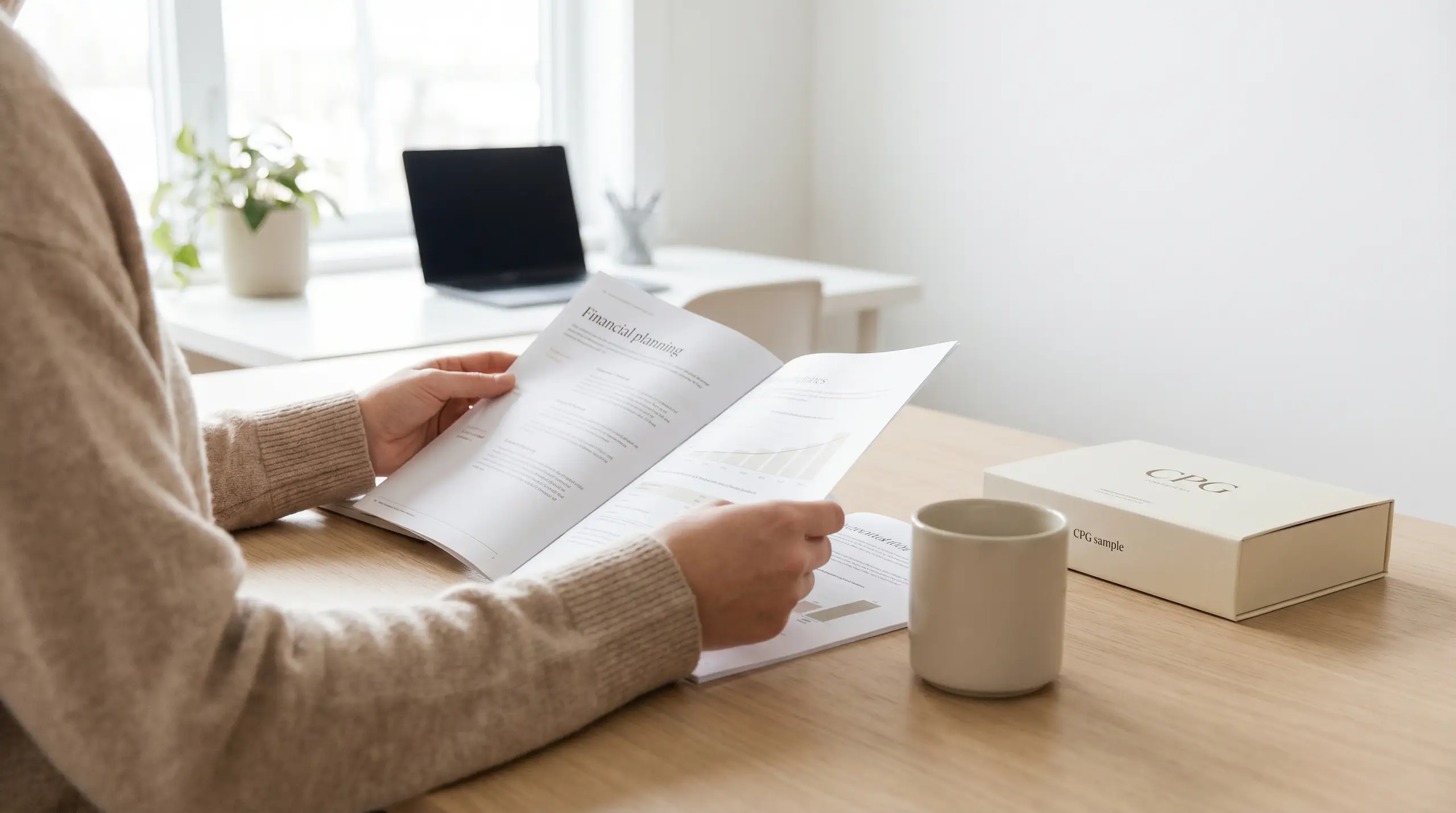 A person in a light sweater holds a printed document labeled "Financial planning" while sitting at a wooden table with additional papers, a coffee mug, and a cardboard box marked "CPG sample" in a bright, modern room.