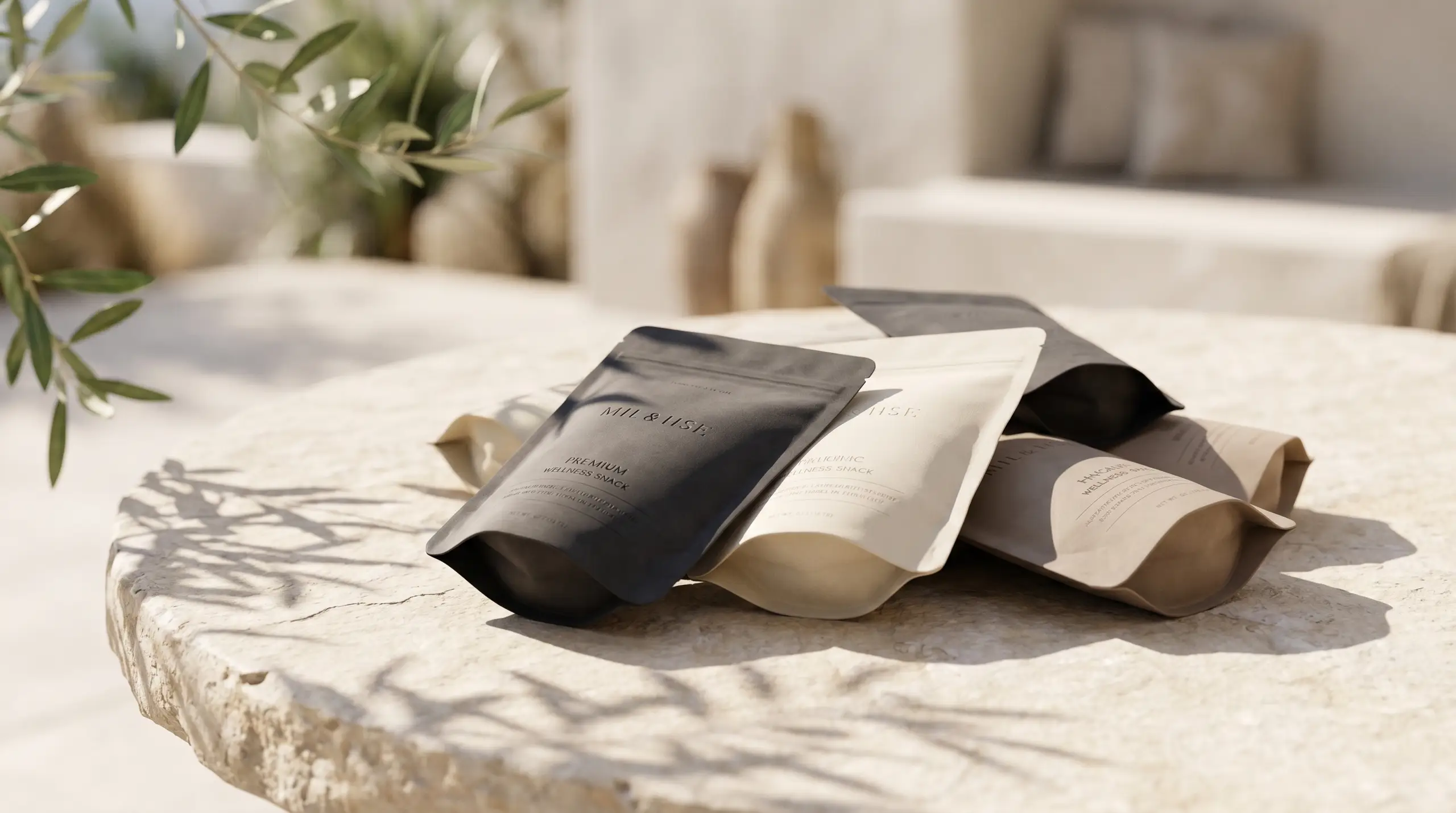 Two crumpled silver and light-colored snack pouches with partial text, lying on a sunlit pale stone tabletop. Green leaves hang at the left edge, with a softly blurred indoor background.