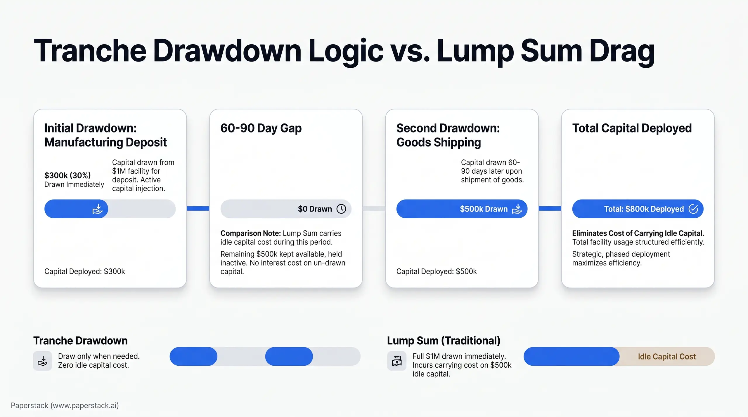 Slide titled "Tranche Drawdown Logic vs. Lump Sum Drag" comparing capital deployment. Left card: "Initial Drawdown: Manufacturing Deposit" with "$300k (30%)" and "Capital Deployed: $300k." Next card: "60-90 Day Gap" showing "$0 Drawn" and notes about