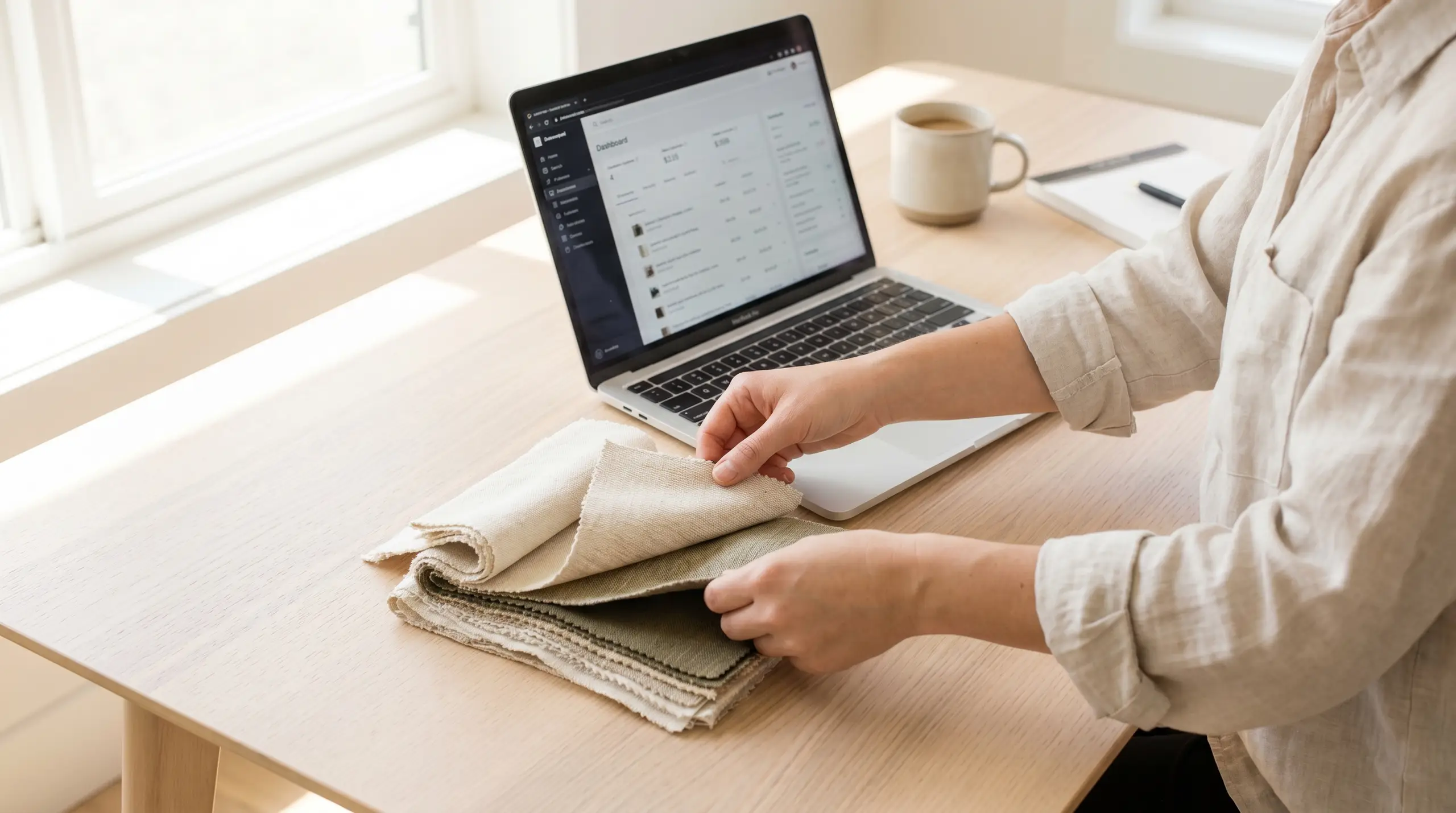 A person in a light shirt sits at a wooden table using a laptop with a dashboard-style screen. Folded fabric swatches are spread out in front of the laptop, and a cup of coffee and a pen are nearby.