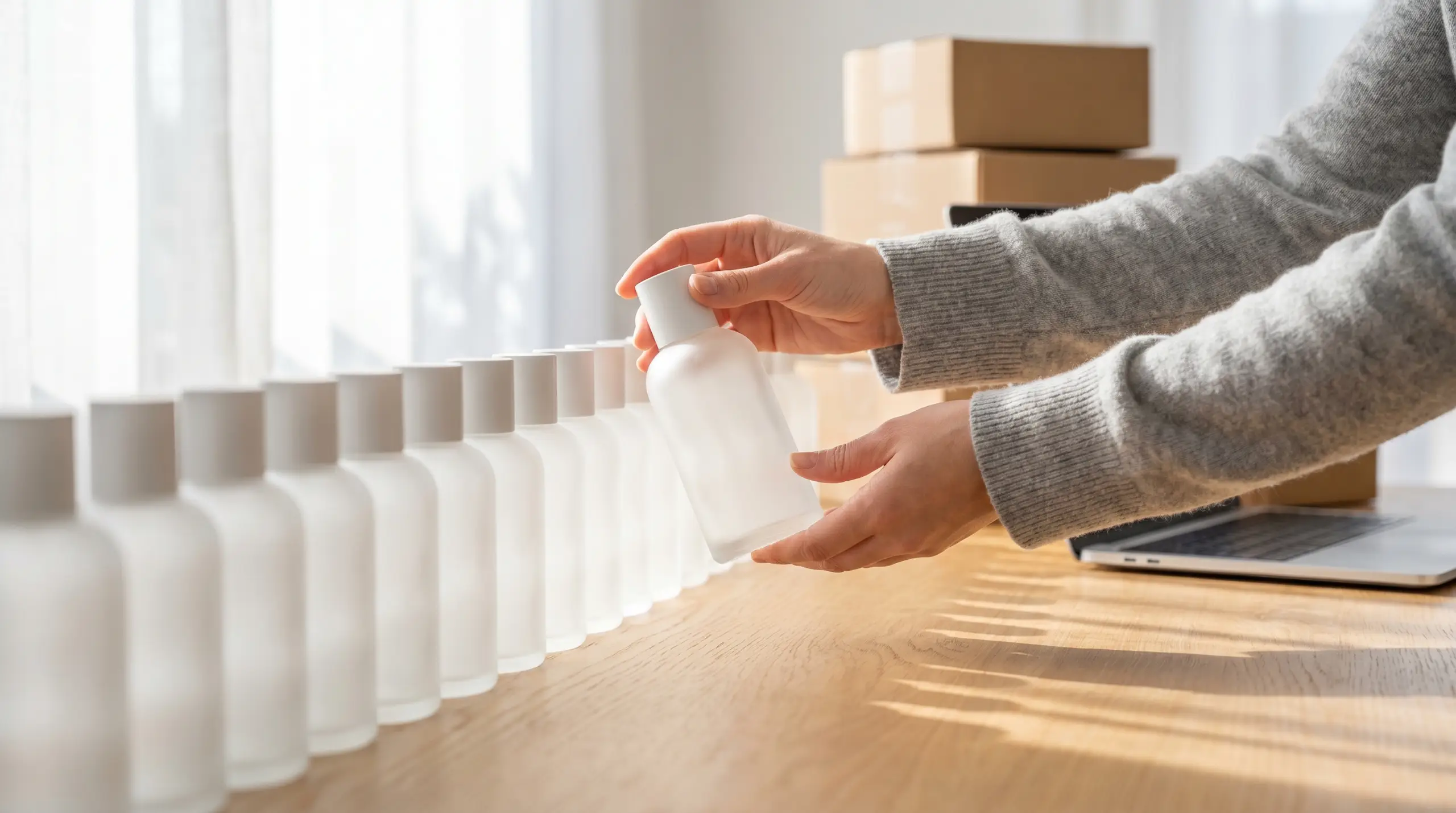 A person's hands in a gray sweater pick up a white bottle from a row of identical white bottles on a wooden table. Stacked cardboard boxes and a partially visible laptop sit in the background.