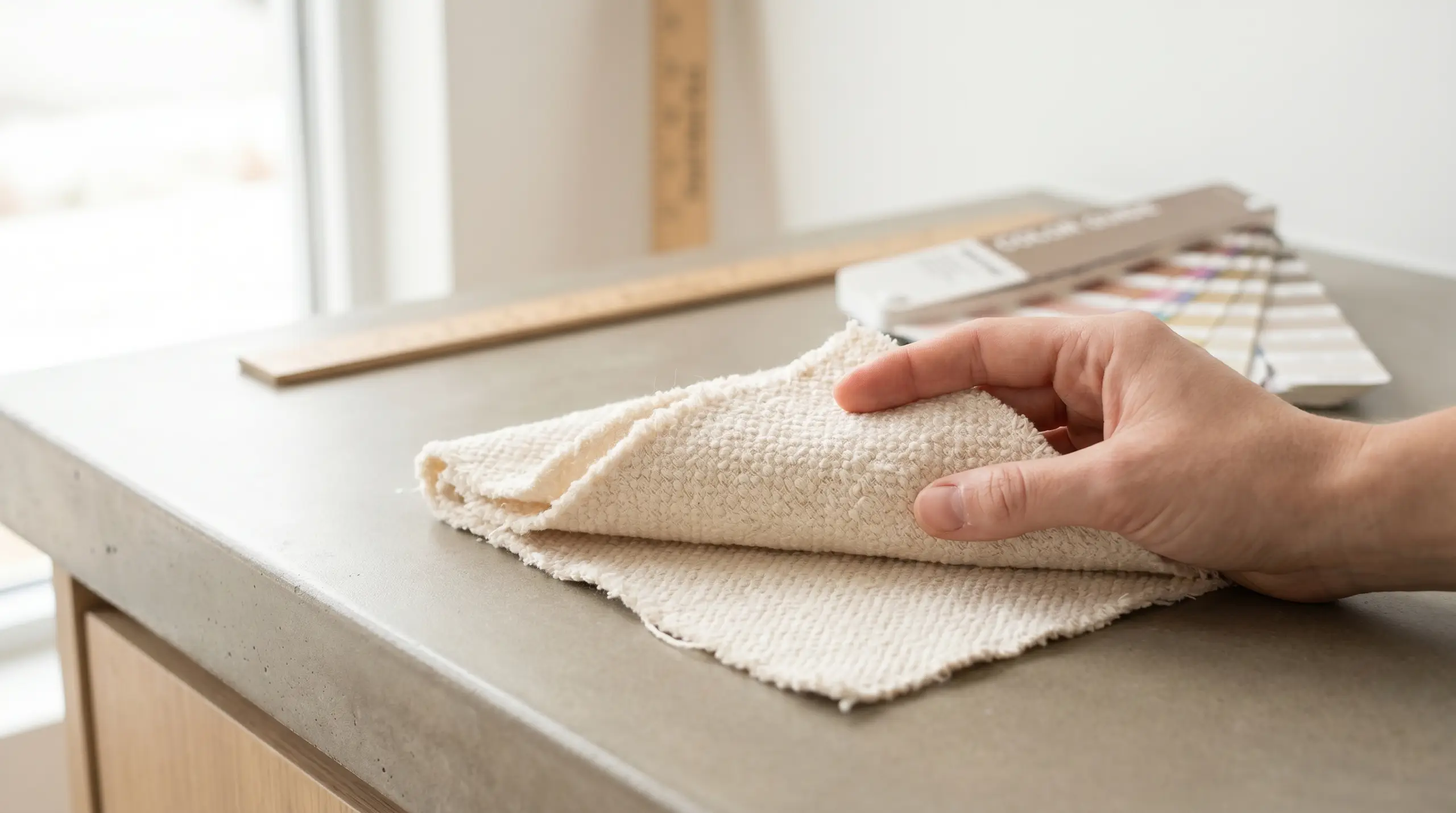 A person's hand gently flattens a stack of neatly folded white towels on a smooth surface, with more linens and a soft, out-of-focus interior background behind them.