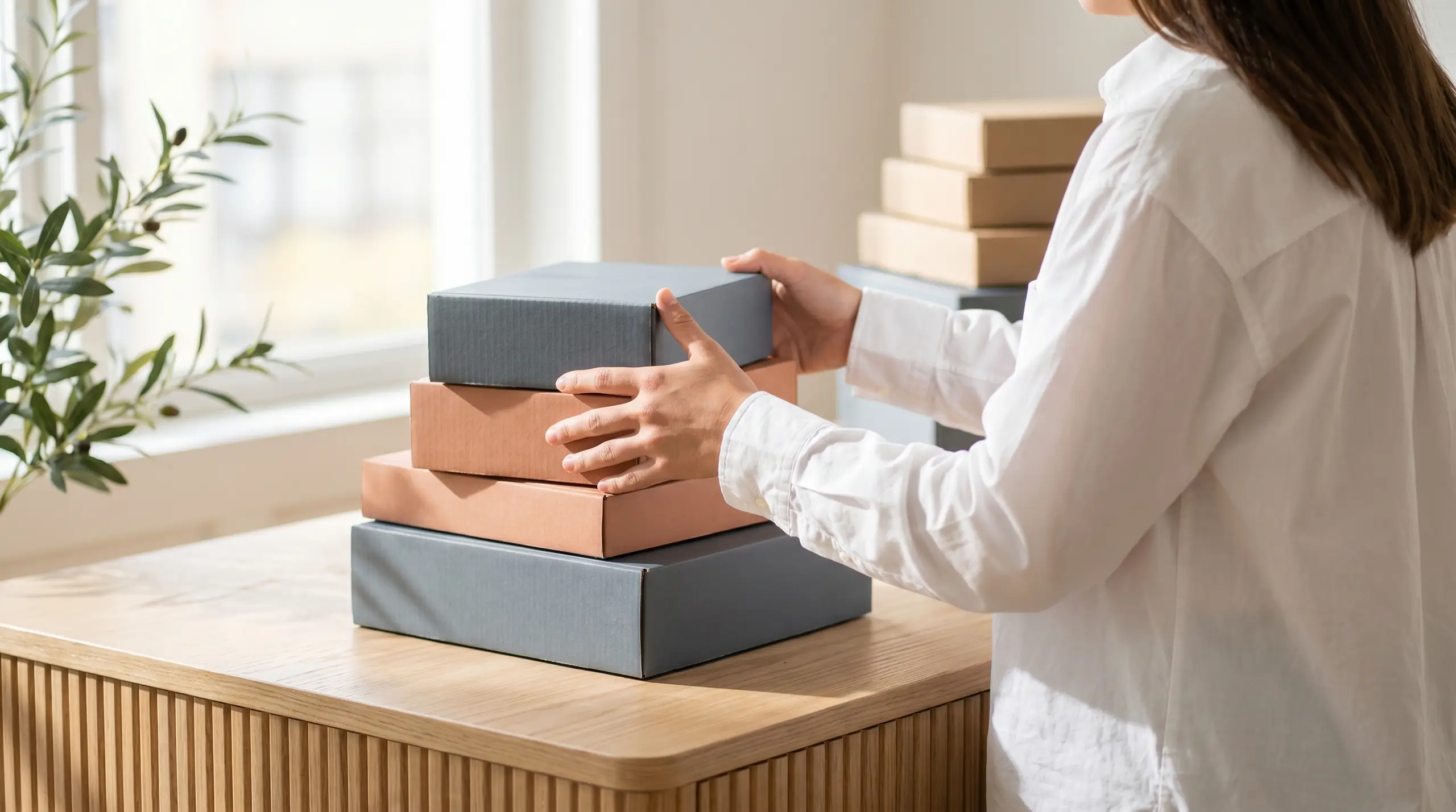 A person in a white shirt stacks multiple cardboard moving boxes on a wooden table, placing a gray-lidded box on top while other boxes are already stacked behind them in a bright room with soft daylight and indoor plants.