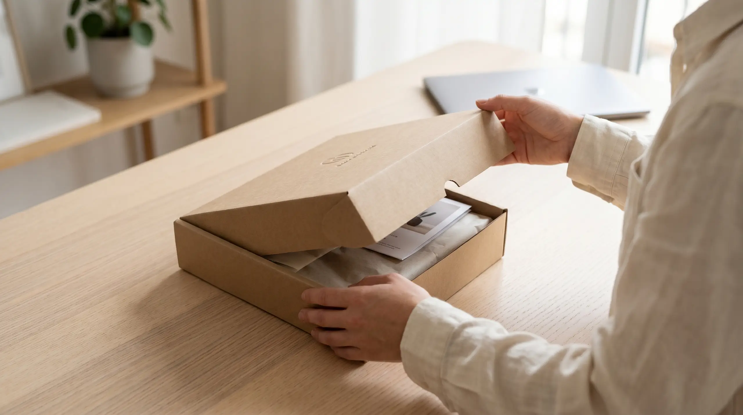 A person in a light shirt opens a cardboard shipping box on a wooden table, pulling out a white insert and a booklet or card. A hand reaches into the box while another hand steadies it.