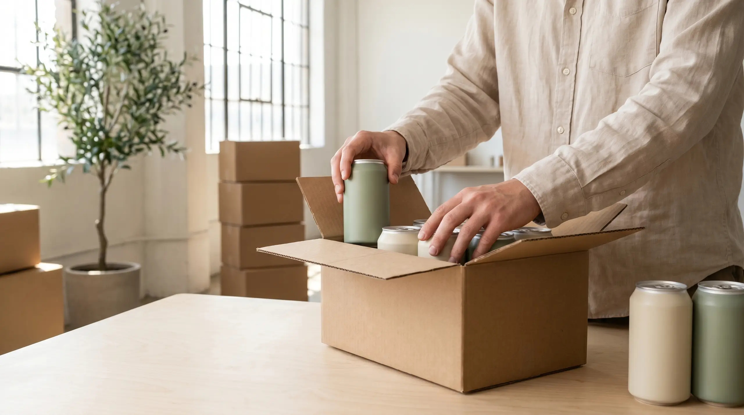 A person in a light beige shirt packs items into an open cardboard box on a wooden table. Their hands place a small green container and several metal cans inside, while more boxes sit in a bright room with tall windows and a potted plant.