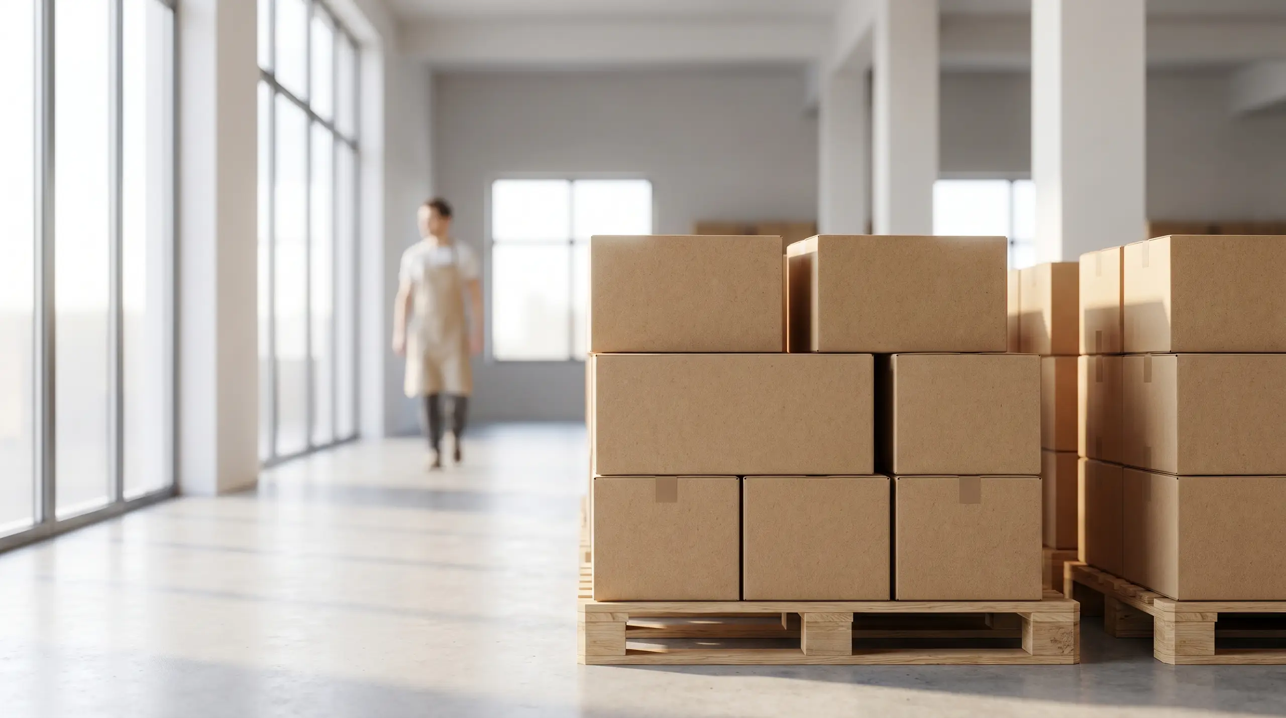 Stacked cardboard shipping boxes sit on wooden pallets in a bright warehouse aisle, with a blurred person walking in the background near large windows.