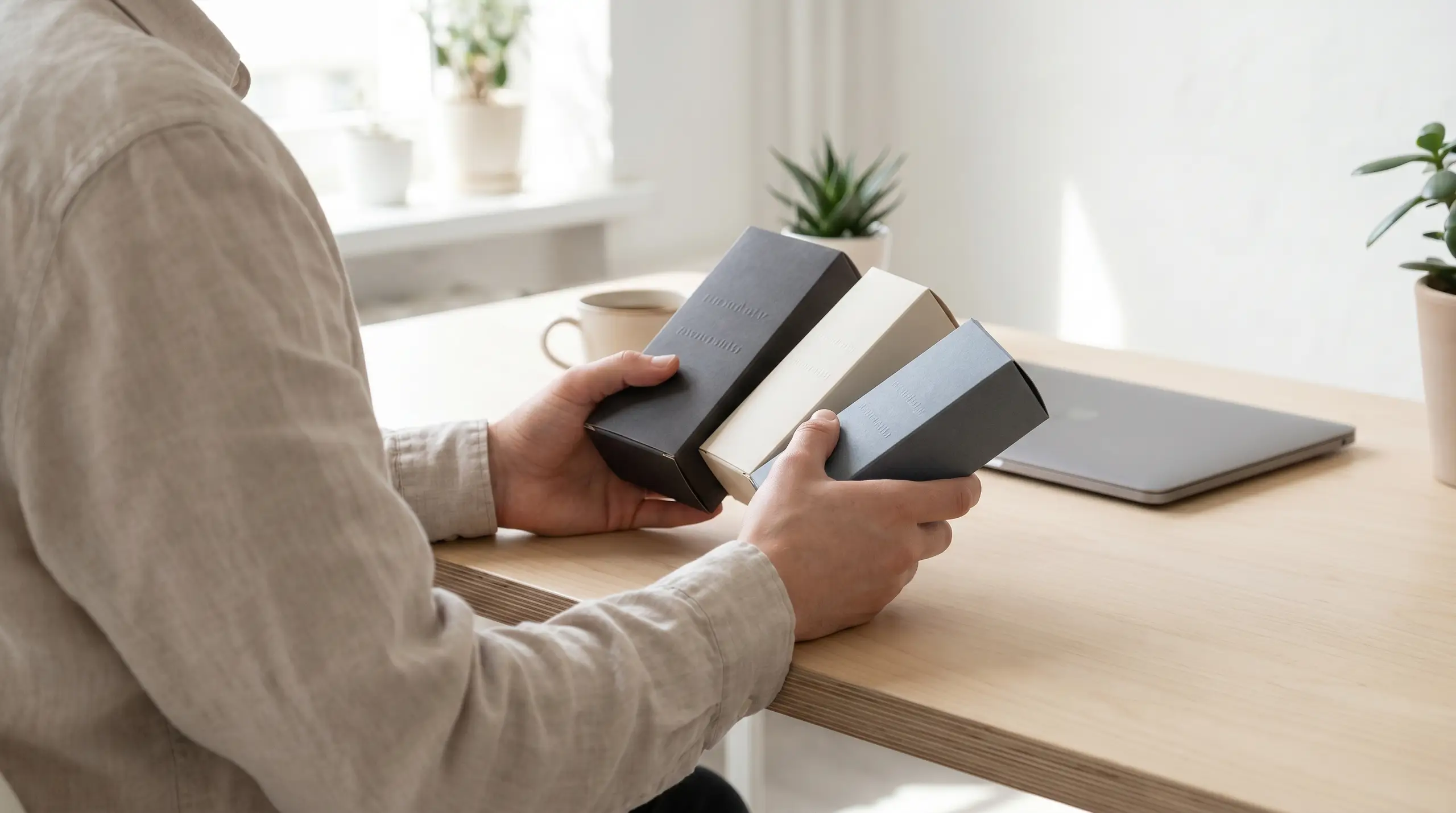 A person in a light shirt sits at a wooden table, holding two stacked delivery boxes while opening one. A laptop rests nearby, with a cup of coffee and small potted plants on a bright, softly lit background.