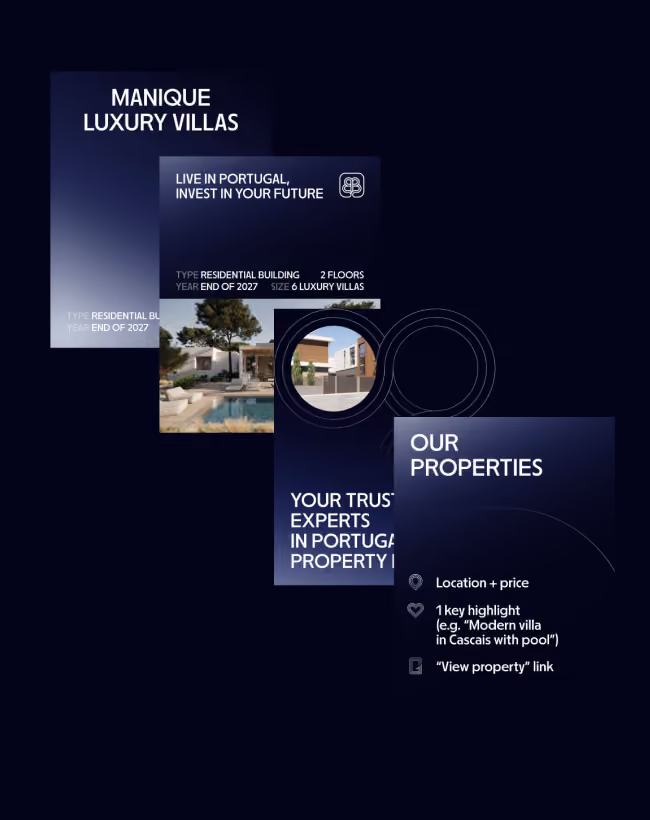 Overlay of luxury villa promotion cards with text about Portugal properties and villa images on dark background.