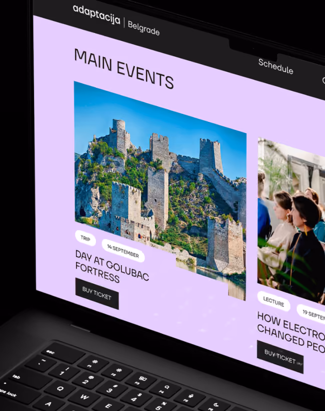 Laptop screen showing event page with trip to Golubac Fortress on September 14 and ticket options.