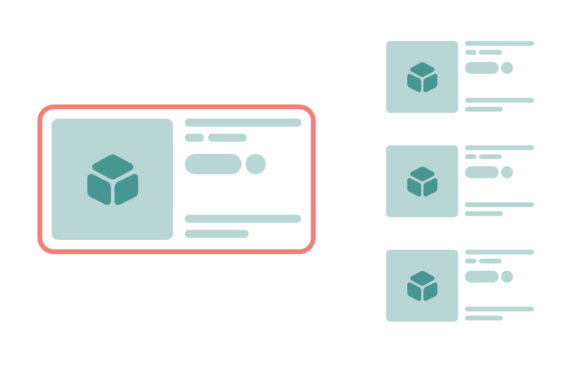 Two product cards with product icon, description, and attribute buttons linked bi-directionally to shopping cart windows.