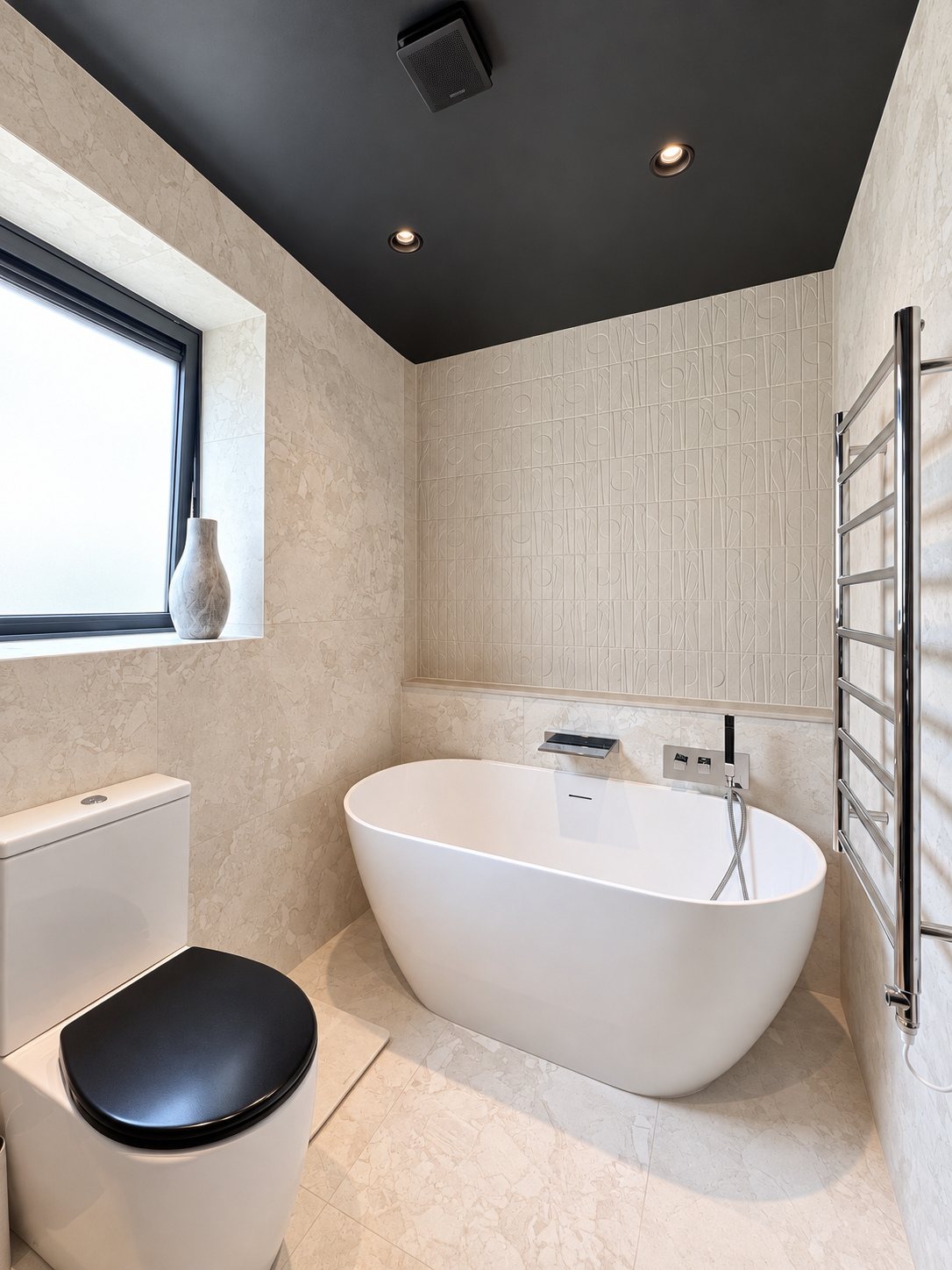 Bathroom with freestanding bath and textured tiles