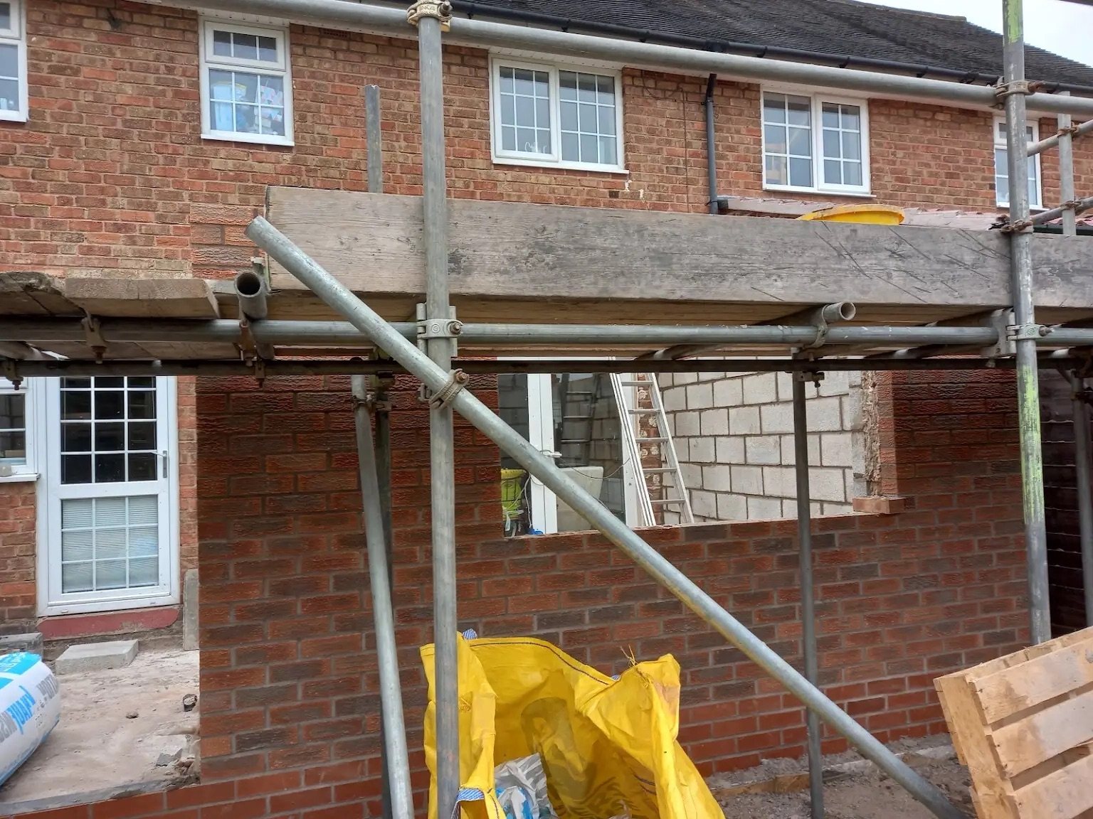 Scaffold and steelwork during the extension, Southall