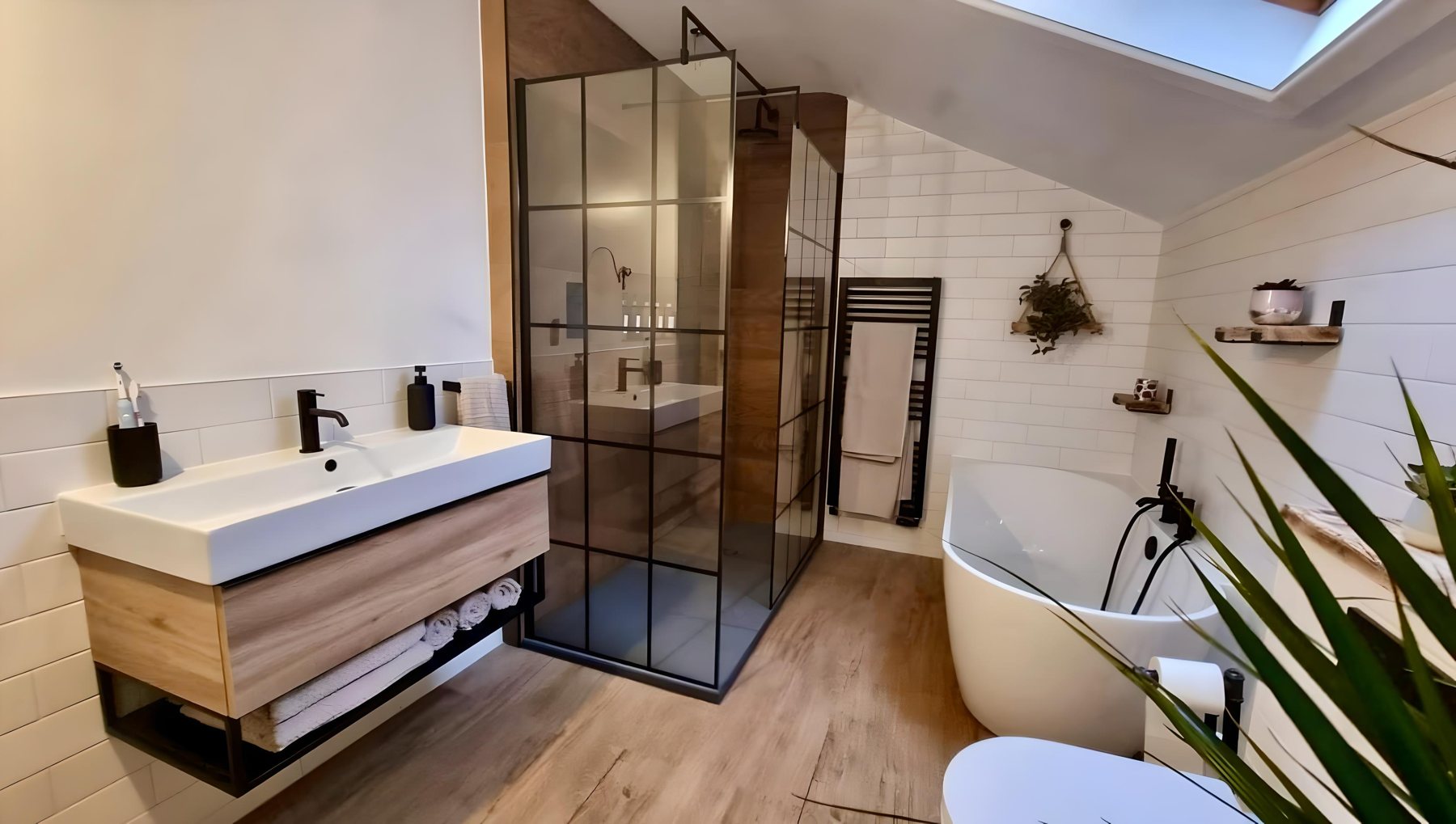 Bathroom with walk-in shower and freestanding bath, London