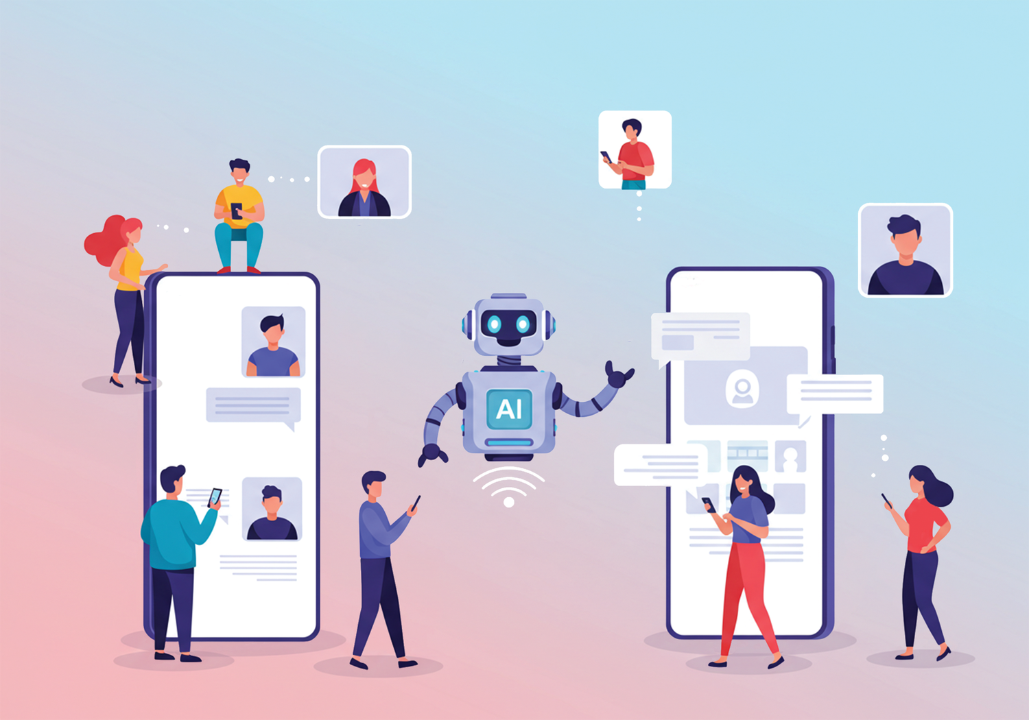 Depicts team members surrounding AI agent