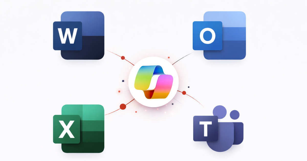 CoPilot logo in the centre, surrounded by M365 App icons.