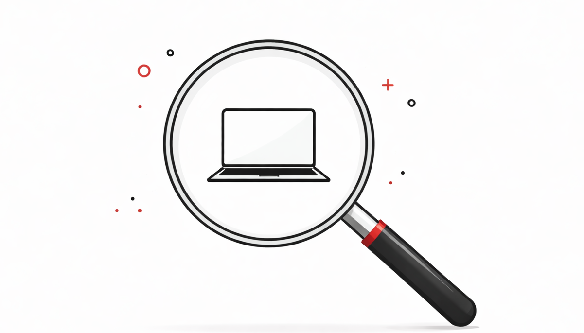 A large clean magnifying glass centered over a simple minimal computer or laptop icon, flat illustration style, white background, deep red and black accents, lots of white space, no text, no people, professional and uncluttered