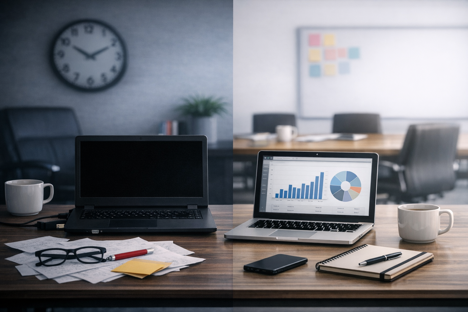 Side-by-side image showing two desks: on the left, a laptop with a dark screen and scattered papers; on the right, a laptop displaying charts on a tidy desk, highlighting work stopped versus work continuing.