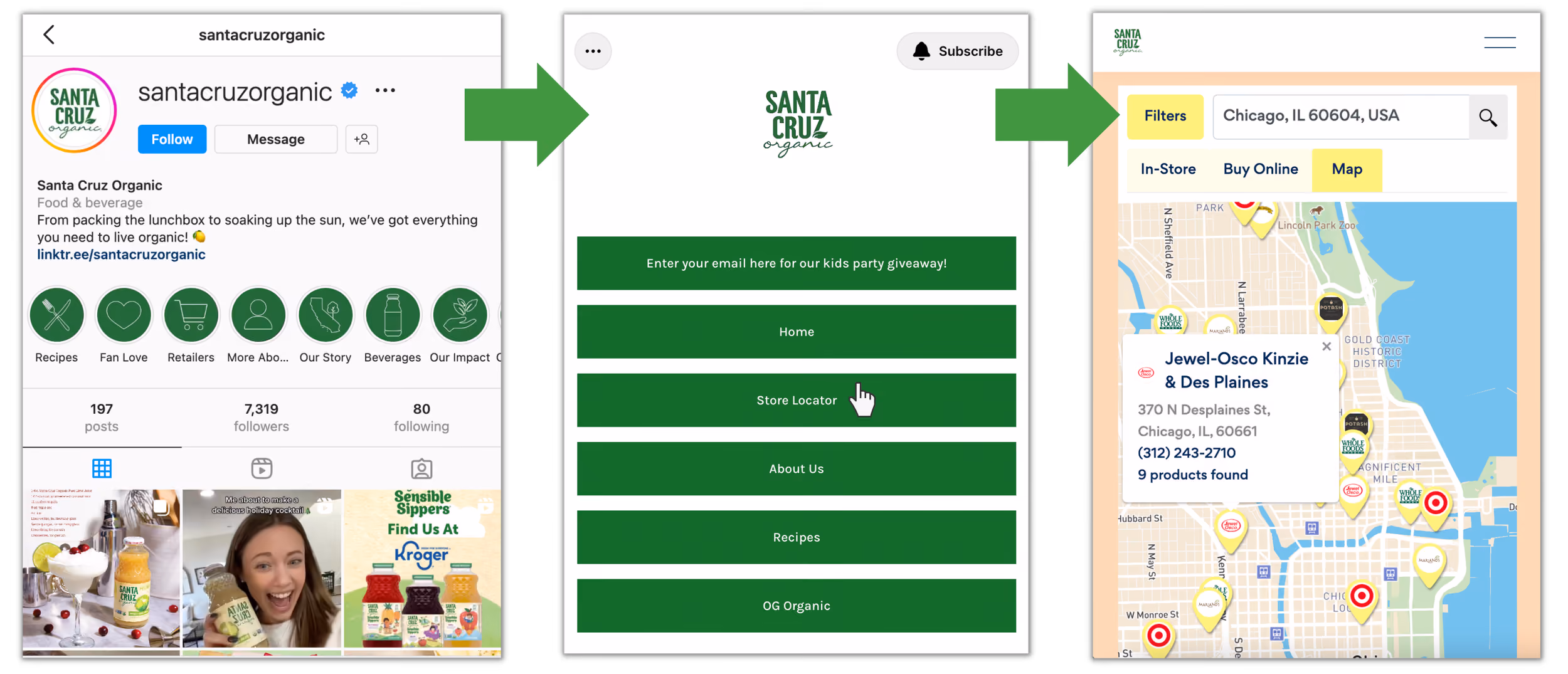Santa Cruz Store Locator Instagram Customer Journey Screenshots