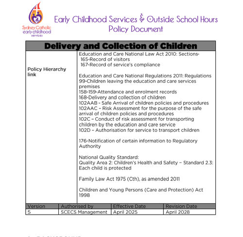 Delivery and Collection of Children Policy