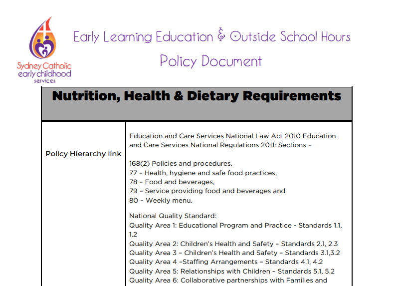 Nutrition, Health and Dietary Requirements Policy