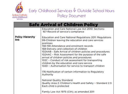 Safe Arrival of Children Policy