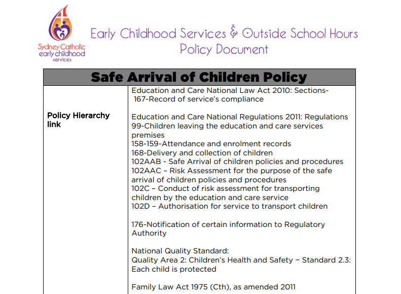 Safe Arrival of Children Policy