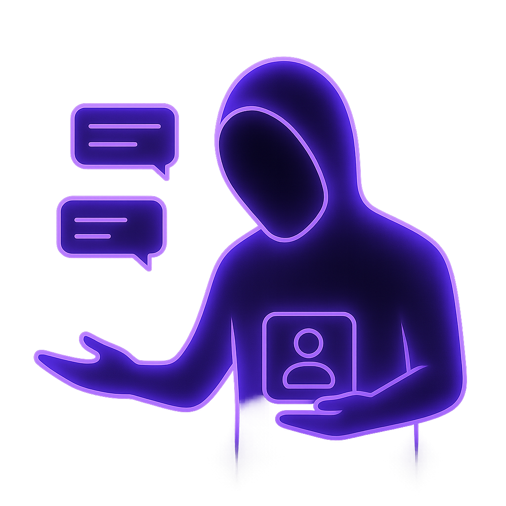 Glowing purple neon outline of a hooded figure holding a user profile icon with two chat bubbles beside them on a black background.