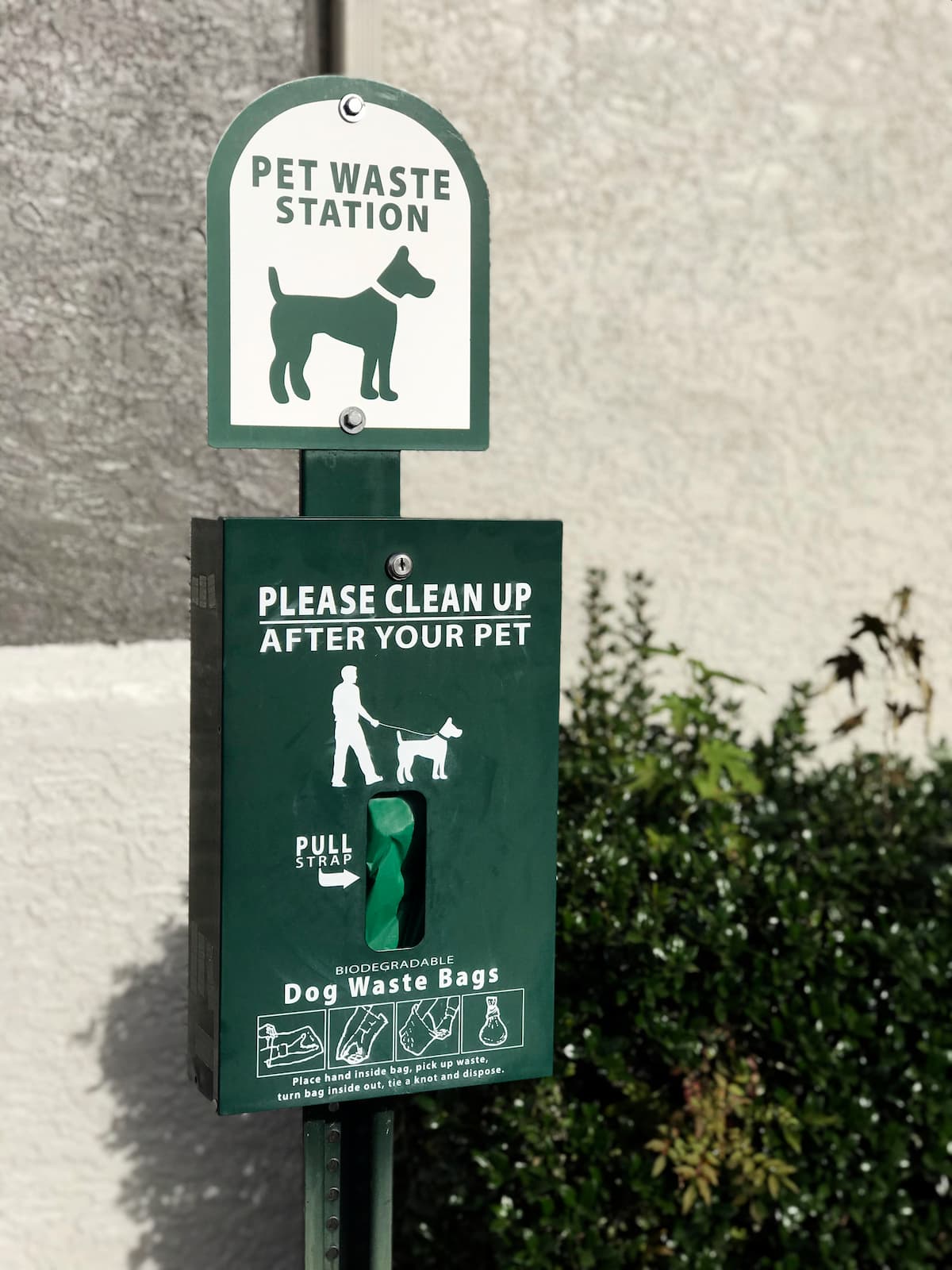 Green pet waste station with biodegradable dog waste bags dispenser and instructions to clean up after pets.