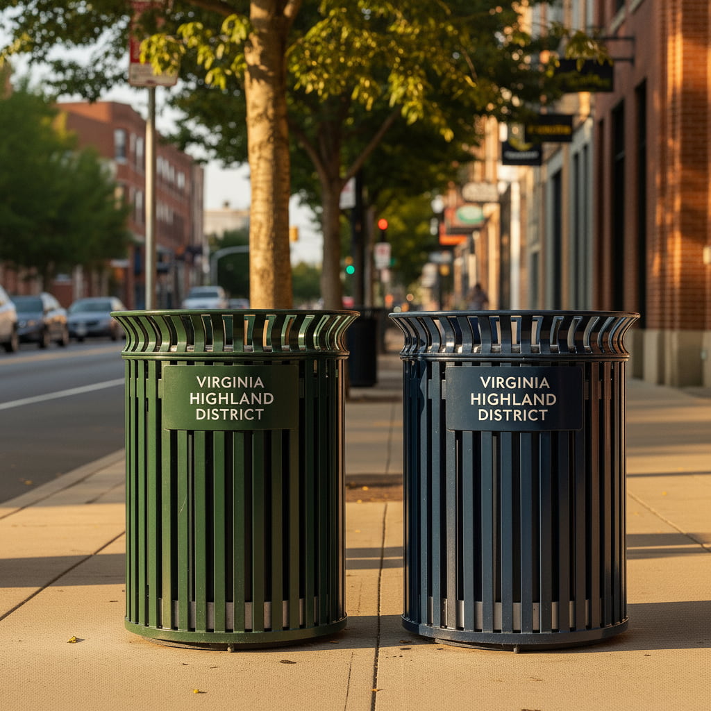 Green and blue metal trash cans labeled Virginia Highland District on a sunny sidewalk with trees and buildings in the background.