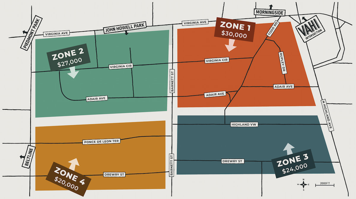 Map showing four colored zones labeled Zone 1 NE ($30,000), Zone 2 NW ($27,000), Zone 3 SE ($24,000), and Zone 4 SW ($20,000) with surrounding streets and parks.