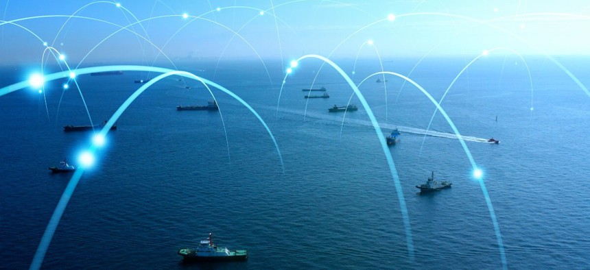 Naval vessels at sea connected by a network of light arcs