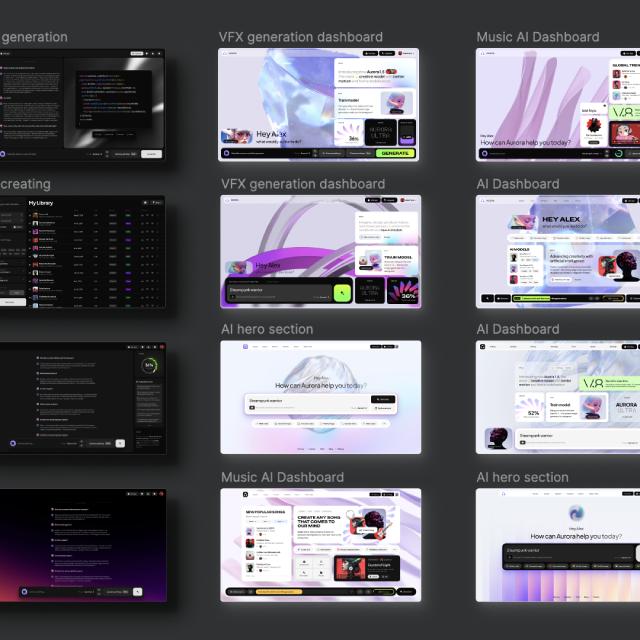 Complete AI app screens: onboarding, chat, dashboards, library, settings, payments, flows.
