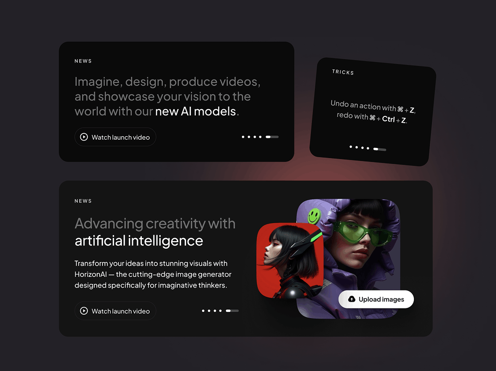 Figma AI design templates: Cards variations in dark theme