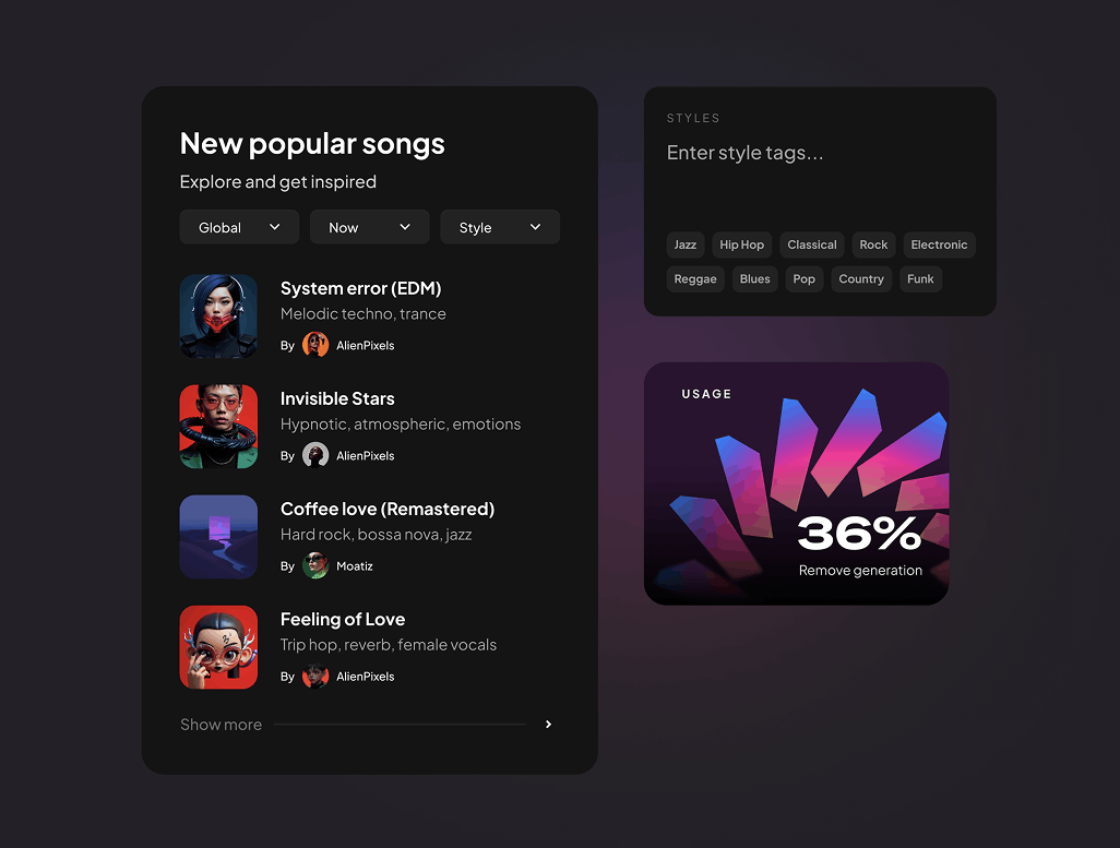 Figma AI design templates: Cards dark theme