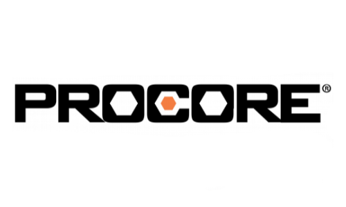 Procore logo with stylized hexagonal letters and an orange hexagon in the center.
