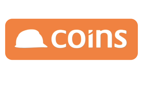 White construction helmet icon followed by the word 'coins' in white on an orange rounded rectangle background.