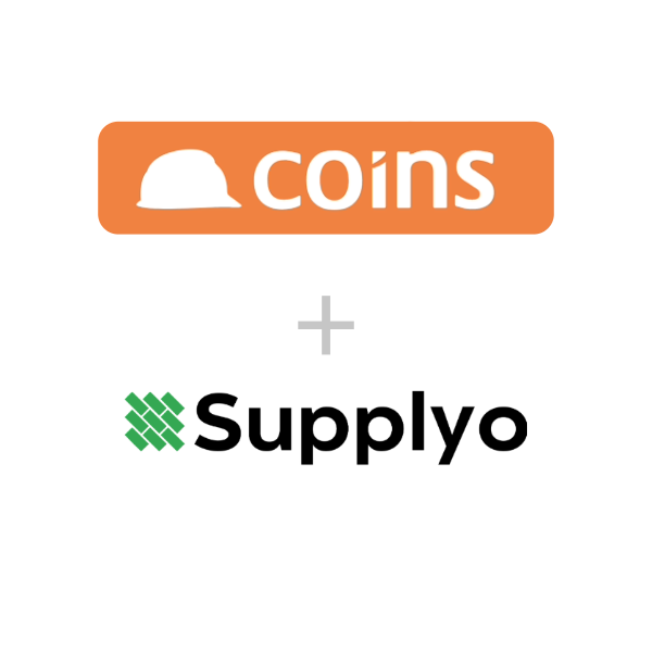 Coins logo with white hard hat icon on orange background above a plus sign and the QuickBooks logo in green and black.
