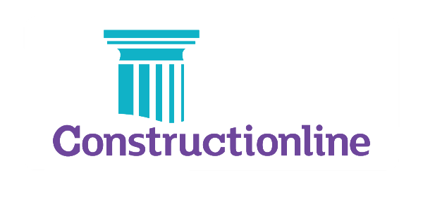 Constructionline logo with a stylized column icon above the company name in purple.