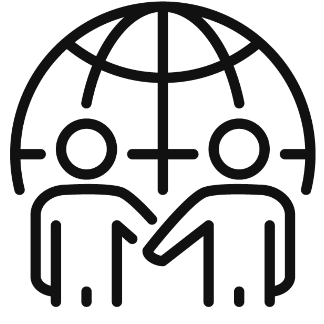 Outline icon of two people shaking hands in front of a globe representing global partnership or collaboration.