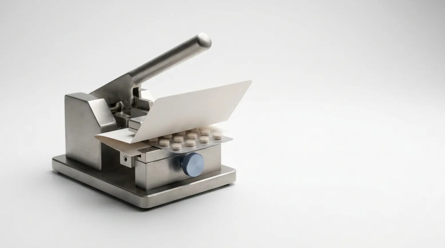 Compact stainless-steel blister sealing machine with pharmaceutical card and clear blister showcased.