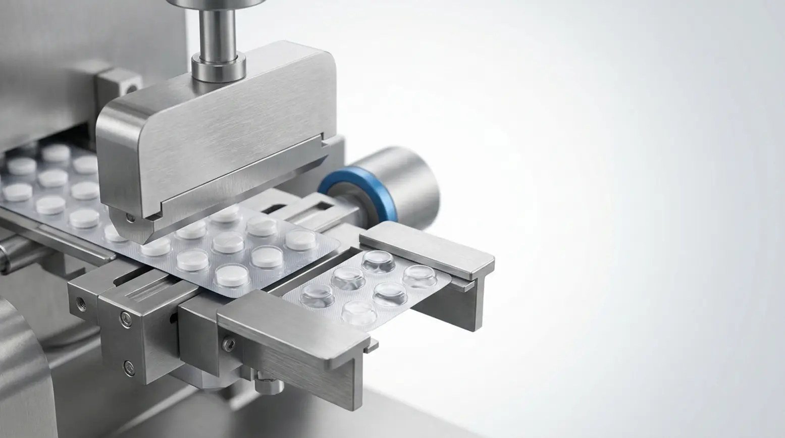 Close-up of a stainless-steel blister packaging machine with formed strips and clean background.
