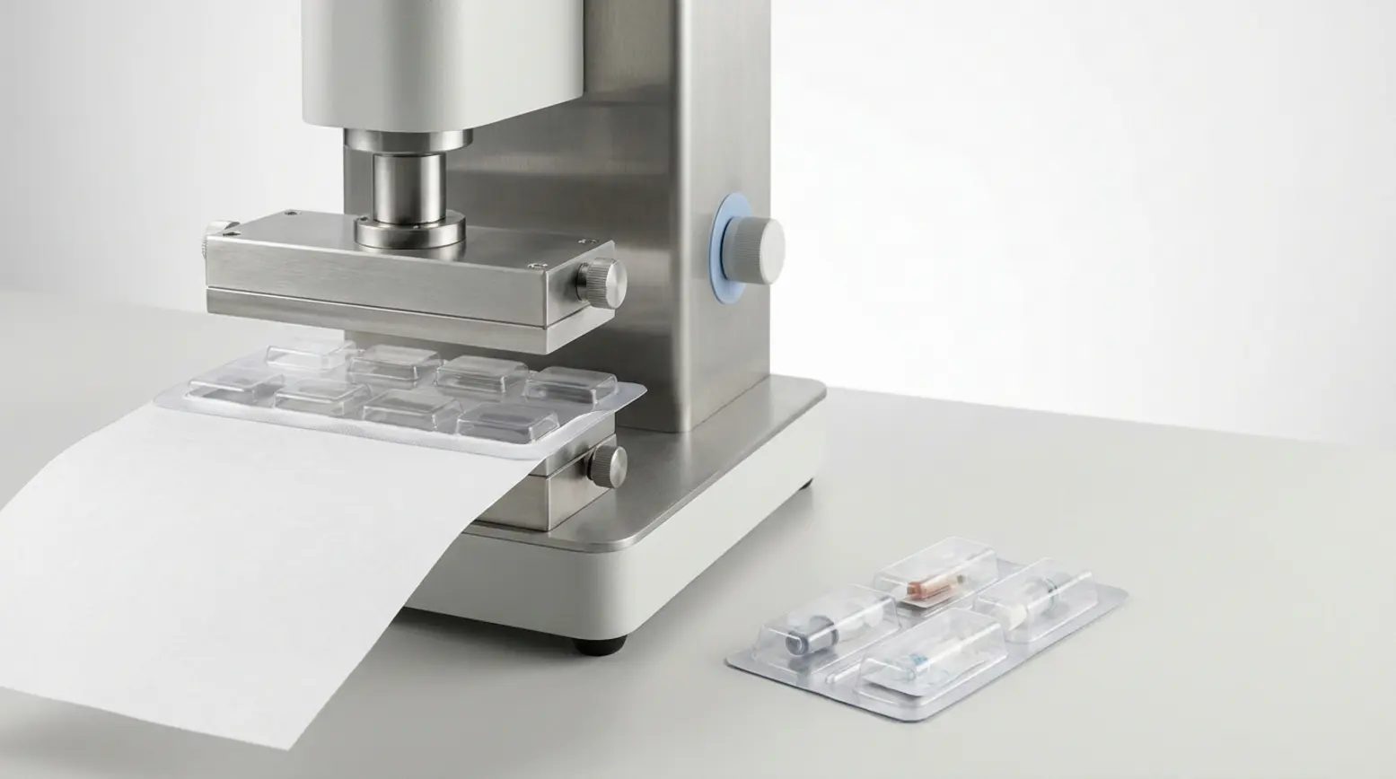 Close-up of a stainless-steel heat-sealing station for medical blister packaging in a studio.