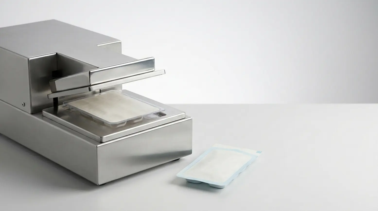 Compact stainless-steel medical blister packaging machine with clear blister and paper lids.