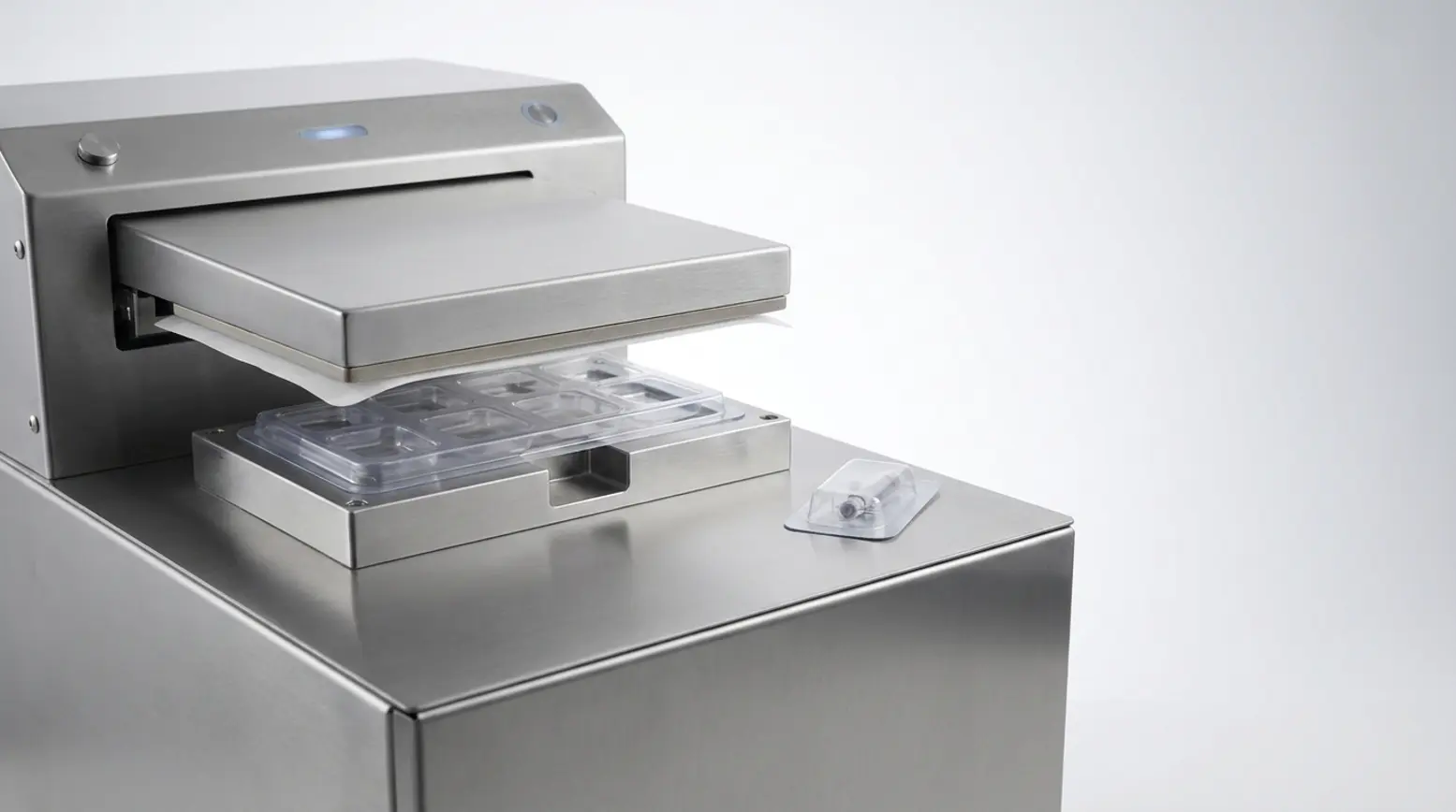 Close-up of a stainless-steel medical blister sealing machine, showcasing precise sealing processes.