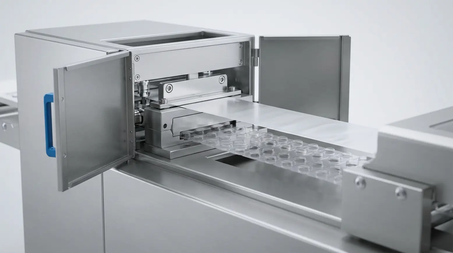 Close-up of a stainless steel pharmaceutical blister packaging machine with precise tooling.